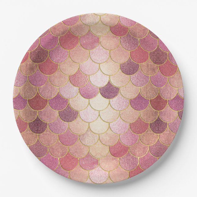Rose Gold Shimmer Mermaid Scale Pattern Paper Plates (Front)