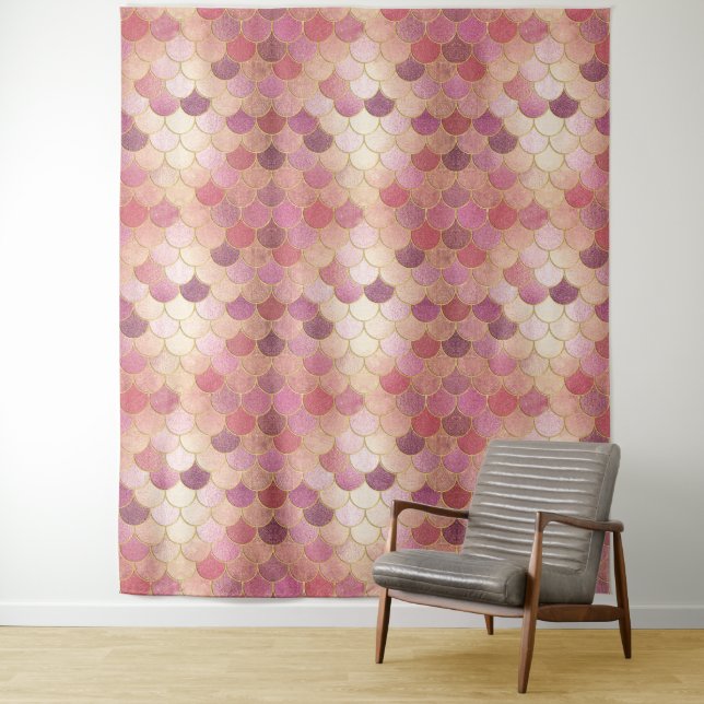 Rose Gold Shimmer Mermaid Scale Pattern Tapestry (In Situ)