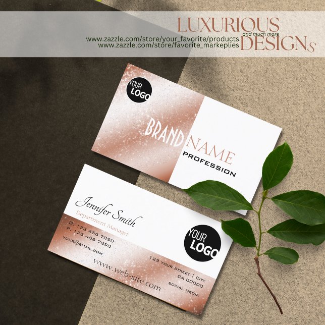 Rose Gold Shimmer White Glitter Stars and Logo Business Card (Creator Uploaded)