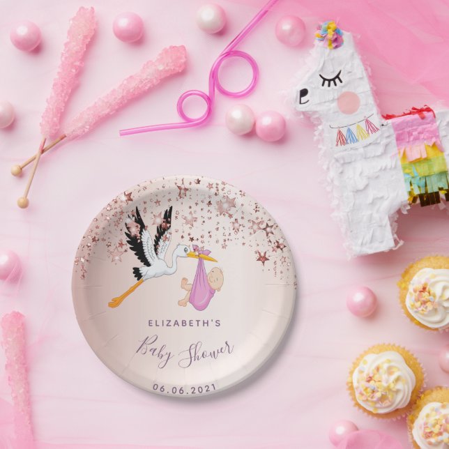 Rose gold shining stars stork girl baby shower paper plates (Party)