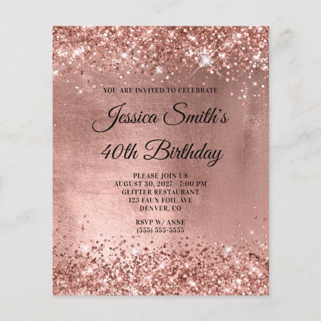 Rose Gold Shiny Glam 40th Birthday Invite Flyer (Front)