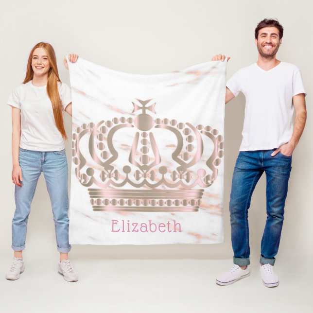 Rose Gold Shiny Princess Crown Monogram Fleece Blanket (In Situ)