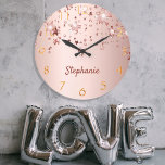 Rose gold shiny stars copper golden girly large clock<br><div class="desc">An elegant,  girly,  glam phone case. Faux rose gold,  copper shiny and glittery stars.  Rose gold faux metallic looking background. Insert your name,  written with a modern hand lettered style script. Rose gold colored letters.  Golden numbers.</div>