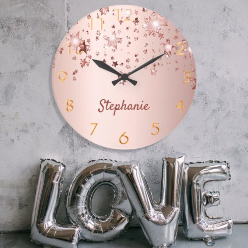 Rose gold shiny stars copper golden girly large clock