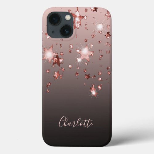Rose gold shiny stars copper ombre name girly iPhone 13 case