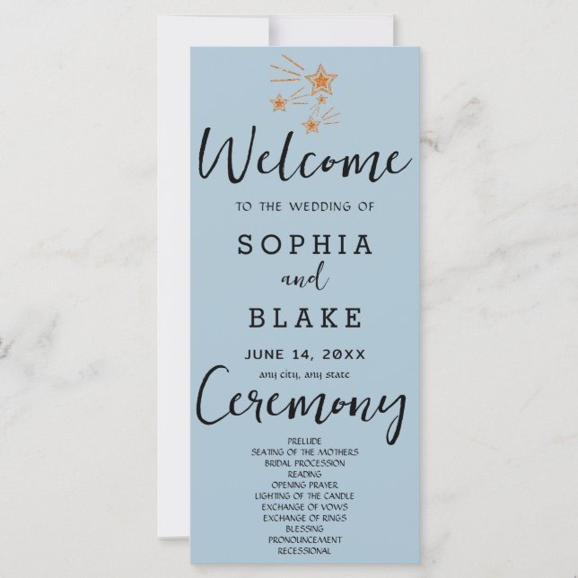 Rose Gold Shooting Stars Blue Gray Wedding Program (Front)