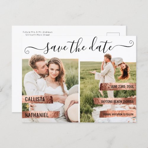 Rose Gold Signature Script Photo Save the Date Announcement Postcard