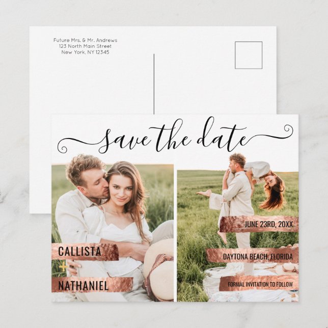 Rose Gold Signature Script Photo Save the Date Announcement Postcard (Front/Back)