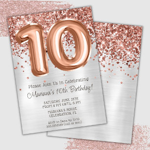 Rose Gold Silver 10th Birthday Party Invitation