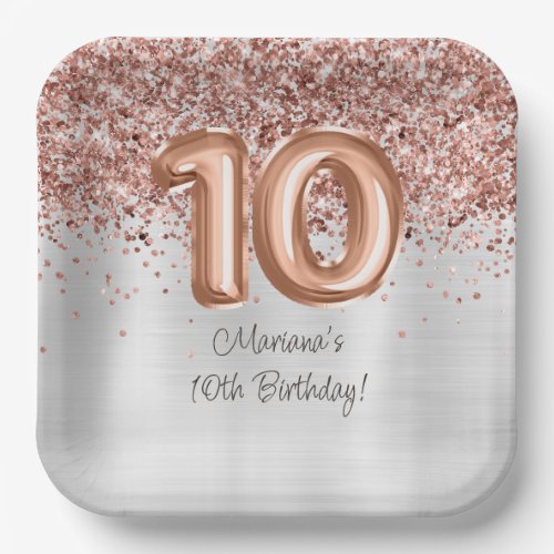  Rose Gold Silver 10th Birthday Party Paper Plates