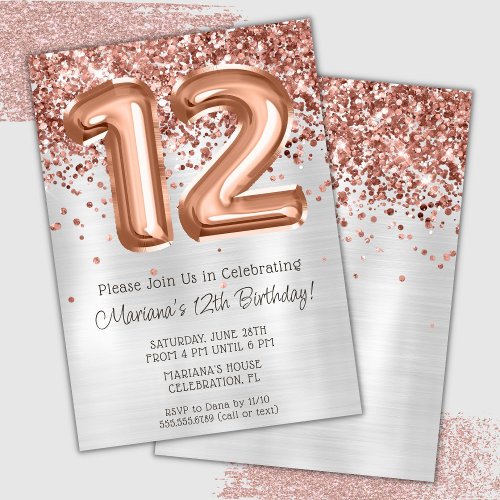 Rose Gold Silver 12th Birthday Party Invitation