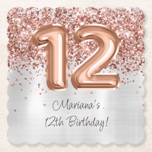  Rose Gold Silver 12th Birthday Party Paper Coaster
