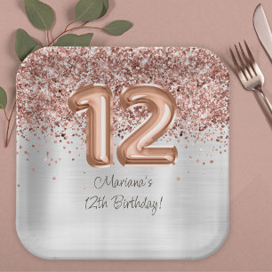  Rose Gold Silver 12th Birthday Party Paper Plates