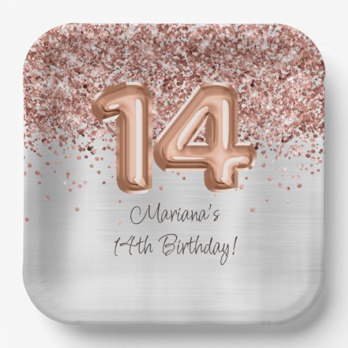  Rose Gold Silver 14th Birthday Party Paper Plates