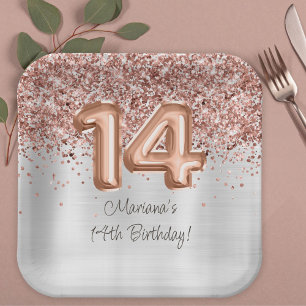  Rose Gold Silver 14th Birthday Party Paper Plates
