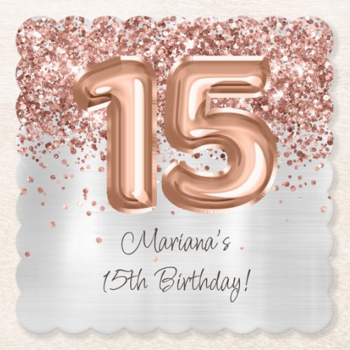  Rose Gold Silver 15th Birthday Party Paper Coaster