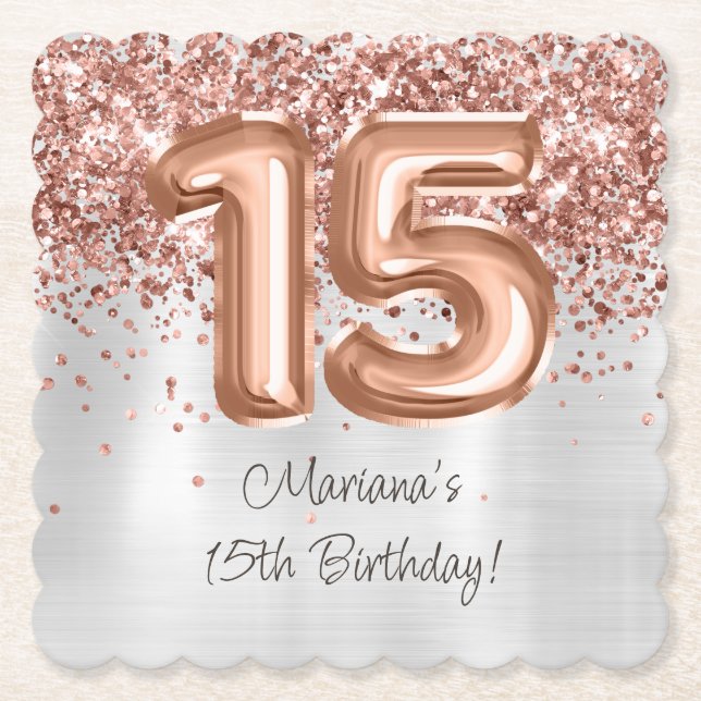  Rose Gold Silver 15th Birthday Party Paper Coaster (Front)