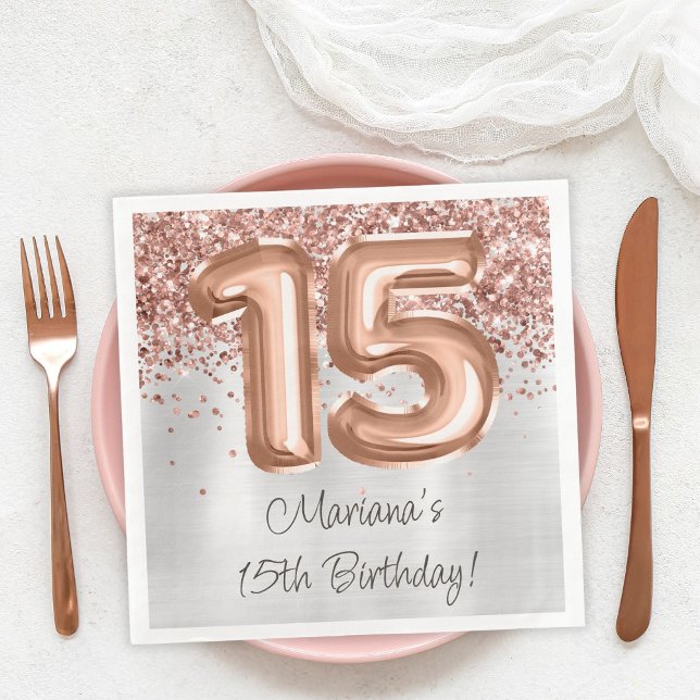  Rose Gold Silver 15th Birthday Party Paper Dinner Napkins (Creator Uploaded)