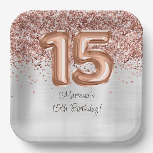  Rose Gold Silver 15th Birthday Party Paper Plates