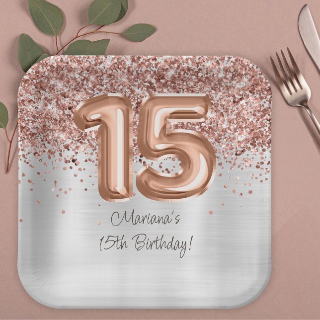  Rose Gold Silver 15th Birthday Party Paper Plates (Creator Uploaded)