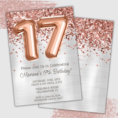 Rose Gold Silver 17th Birthday Party Invitation