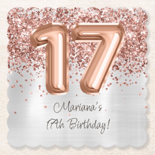  Rose Gold Silver 17th Birthday Party Paper Coaster