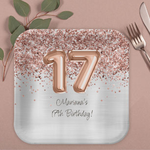 Rose Gold Silver 17th Birthday Party Paper Plates
