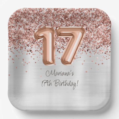  Rose Gold Silver 17th Birthday Party Paper Plates