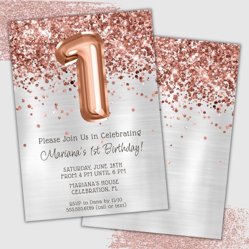 Rose Gold Silver 1st Birthday Party Invitation