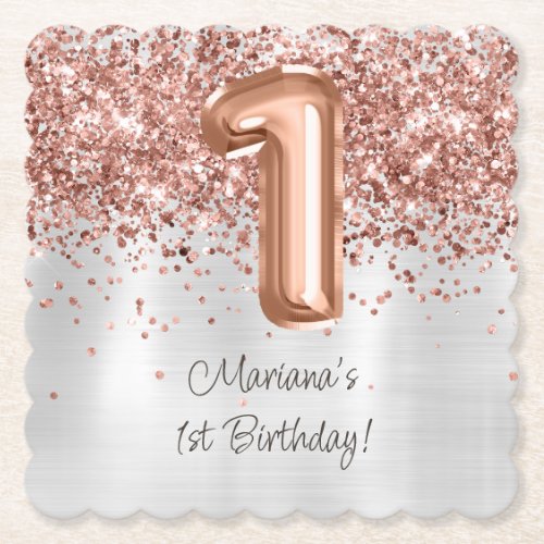  Rose Gold Silver 1st Birthday Party Paper Coaster