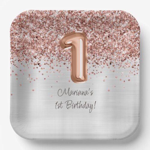  Rose Gold Silver 1st Birthday Party Paper Plates