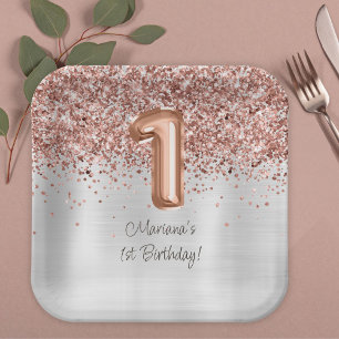  Rose Gold Silver 1st Birthday Party Paper Plates