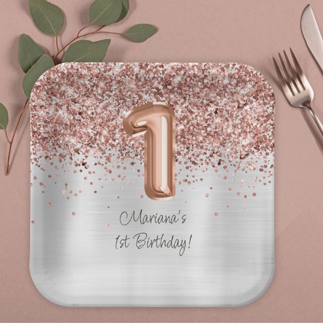  Rose Gold Silver 1st Birthday Party Paper Plates (Creator Uploaded)