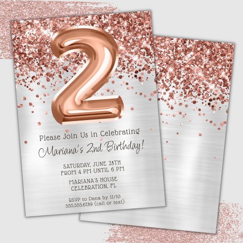 Rose Gold Silver 2nd Birthday Party Invitation