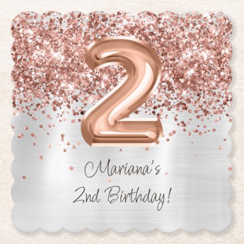  Rose Gold Silver 2nd Birthday Party Paper Coaster