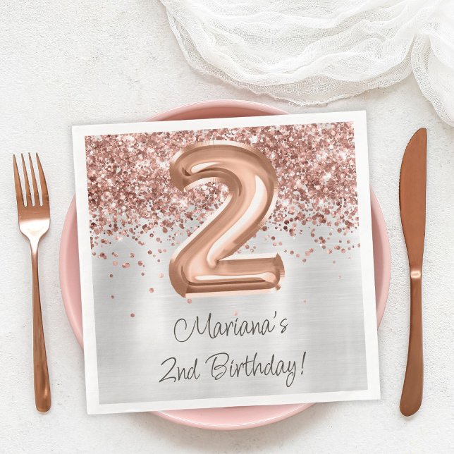  Rose Gold Silver 2nd Birthday Party Paper Dinner Napkins (Creator Uploaded)