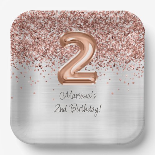  Rose Gold Silver 2nd Birthday Party Paper Plates