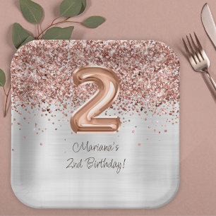  Rose Gold Silver 2nd Birthday Party Paper Plates
