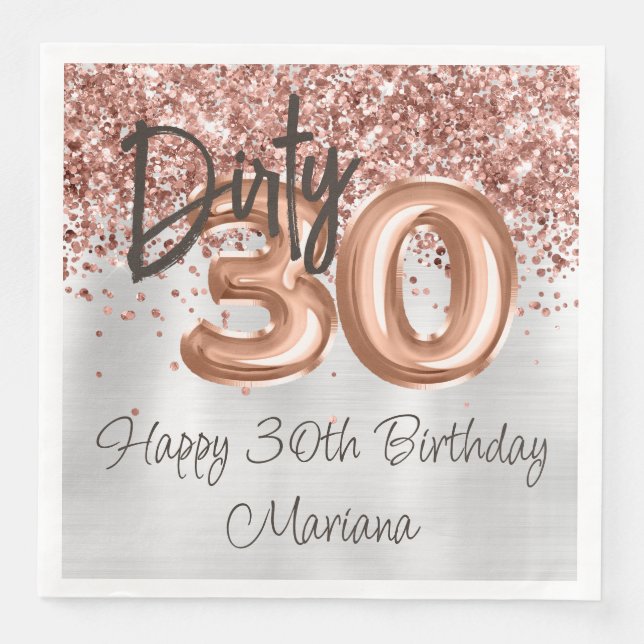 Rose Gold Silver 30th Birthday Party Paper Dinner Napkins (Front)
