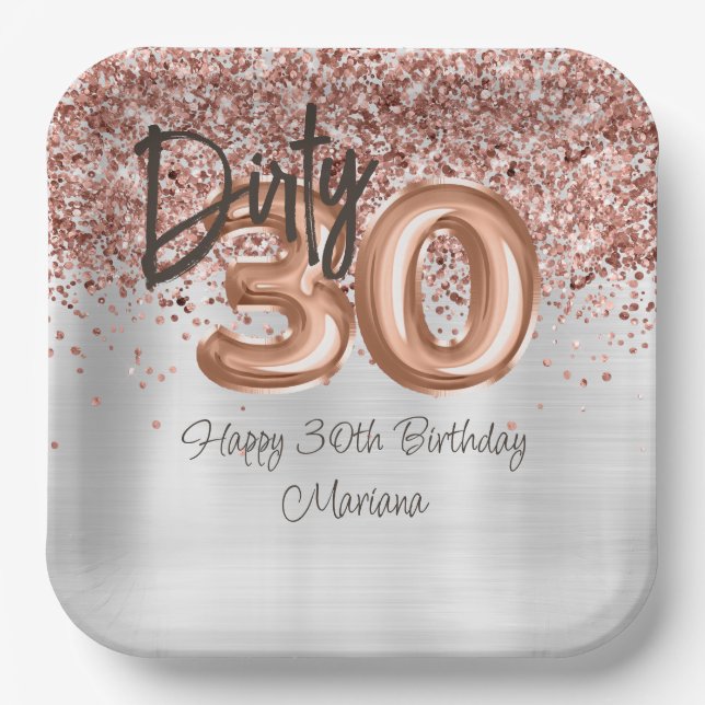 Rose Gold Silver 30th Birthday Party Paper Plates (Front)