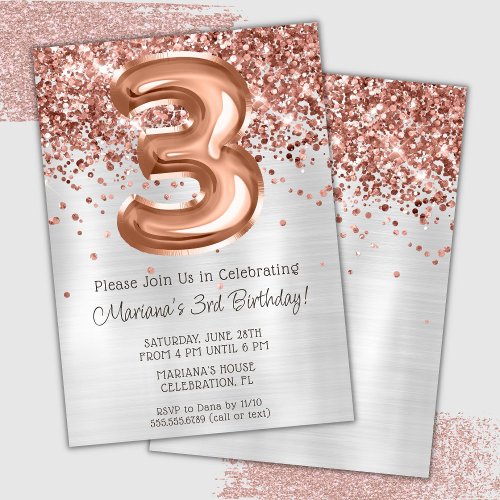 Rose Gold Silver 3rd Birthday Party Invitation