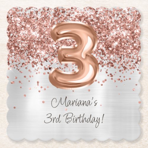  Rose Gold Silver 3rd Birthday Party Paper Coaster