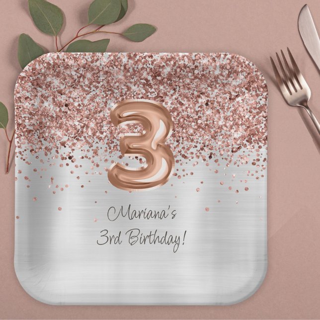  Rose Gold Silver 3rd Birthday Party Paper Plates (Creator Uploaded)