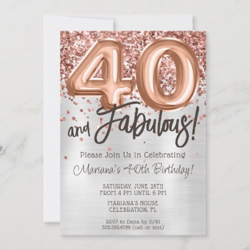 Rose Gold Silver 40th Birthday Party Invitation