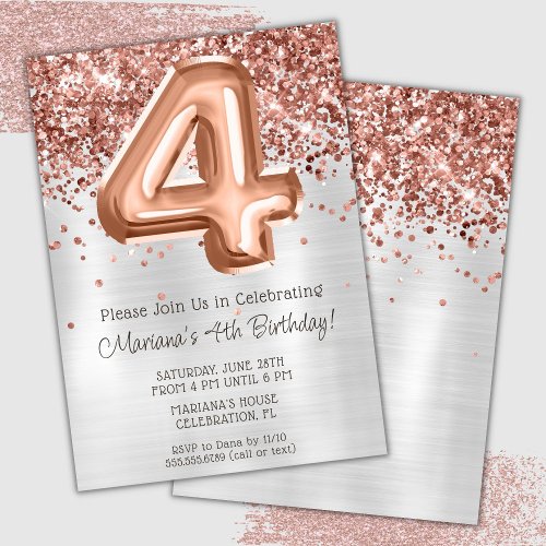 Rose Gold Silver 4th Birthday Party Invitation