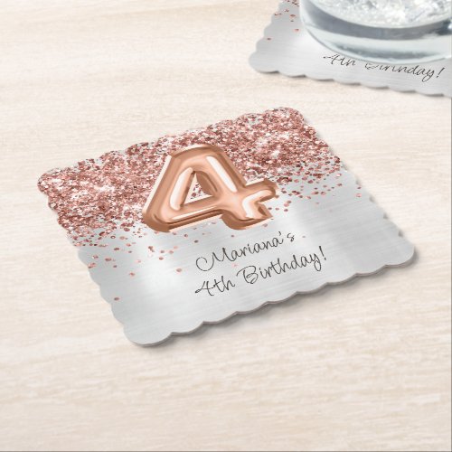  Rose Gold Silver 4th Birthday Party Paper Coaster