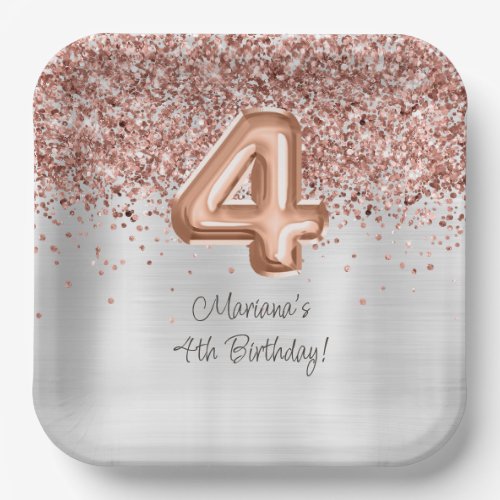  Rose Gold Silver 4th Birthday Party Paper Plates