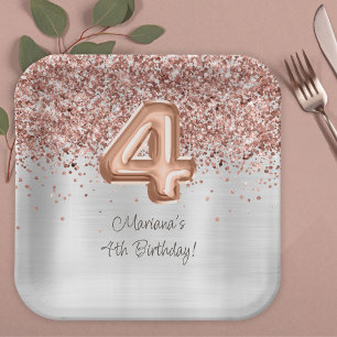 Rose Gold Silver 4th Birthday Party Paper Plates