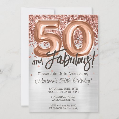Rose Gold Silver 50th Birthday Party Invitation
