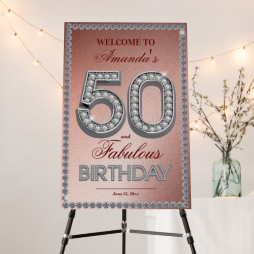 Rose gold silver 50th birthday party welcome sign